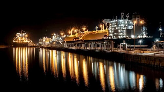 A night scene at an LNG terminal illuminated by bright lights highlighting the seamless connection between an offloading arm and a ship with reflective water and safety equipment strategically