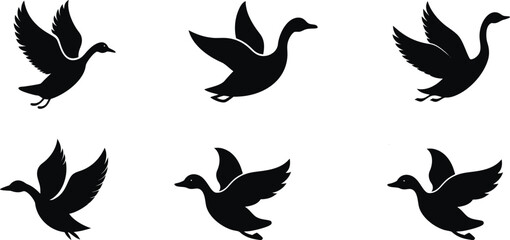 Obraz premium Silhouette Flying Ducks Vector Icons Set – Black Bird Clipart