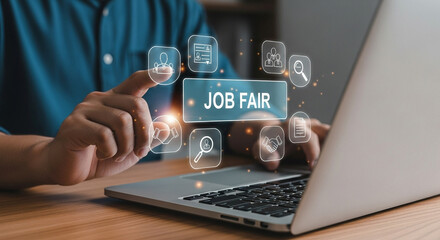 A person using a laptop with job fair icons displayed on the screen in a digital environment