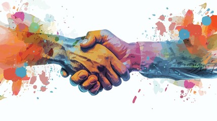 Artistic handshake illustration displaying collaboration, partnership, and agreements with paint splatter designs on a white background.