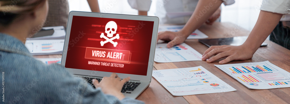 Poster Virus warning alert on computer screen detected brisk cyber threat , hacker, computer virus and malware