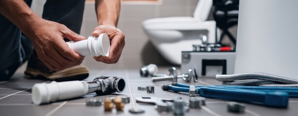The plumber repairing pipes and accessories in a modern bathroom setting.