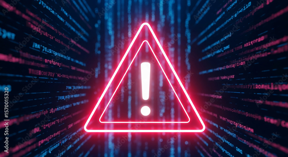 Fototapete neon red triangle warning sign with exclamation mark on a dark blue background of digital code, symb