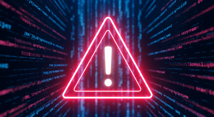 Neon red triangle warning sign with exclamation mark on a dark blue background of digital code, symbolizing a digital alert or error