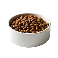 A ceramic bowl filled to the brim with dry pet food pellets ready for consumption and enjoyment on transparent background