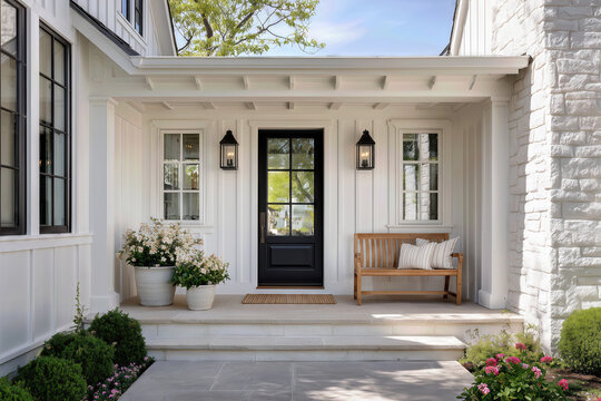 A front door detail of a white modern farmhouse with a black front door, black light fixtures, and decorations under the covered porch.