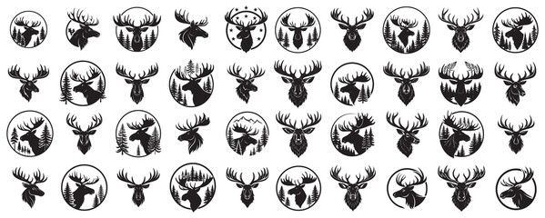 Moose Head Silhouette Logo Collection with Forest and Pine Tree Elements