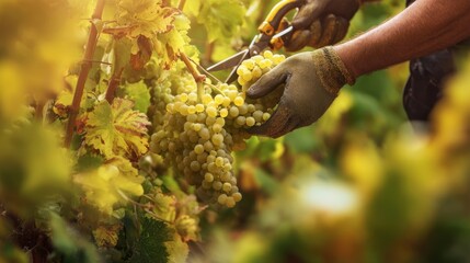 The Hands of a Farmer Harvesting Fresh Grapes in a Vibrant Vineyard