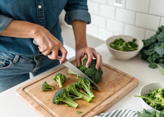 Cutting Fresh Broccoli on a Wooden Board