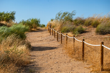 Rural road with rope railing and dry vegetation