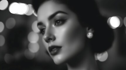 Classic black and white blur bokeh effect. Mid-century woman.