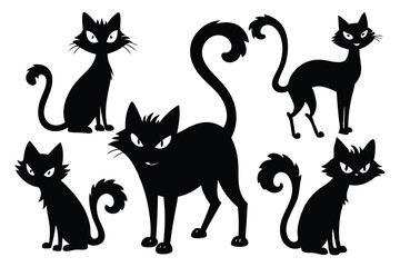 Black cats silhouettes spooky halloween creatures vector