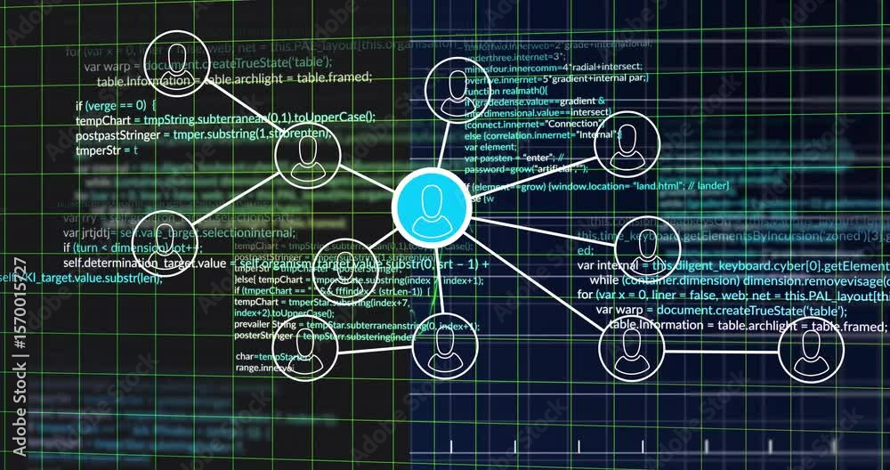 Poster blue node appearing triggers circles forming grid with code scrolling behind chart for data insight