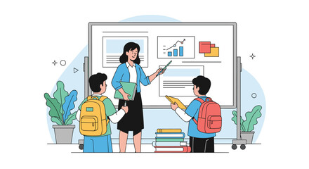 Engaging classroom scene with a teacher guiding students through a presentation on a whiteboard showing graphs and charts