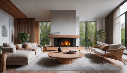 this contemporary living room features minimalistic decor stylish wooden furniture and a cozy fireplace to bring a sense of warmth and comfort to the home