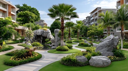 Luxury landscape design with modern buildings high resolution photo