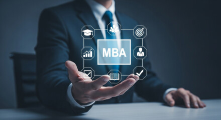 A man in a suit presenting an mba graphic with associated icons in a futuristic interface design