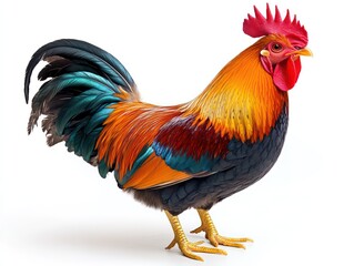 Fototapeta premium Colorful rooster with proud stance on glowing white-orange background, isolated