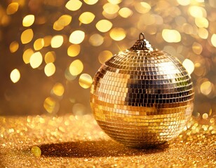 Obraz premium golden disco ball on glitter surface bokeh background symbolizes celebration party nightlife glamour