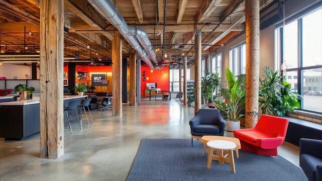 Industrial-chic office space with exposed beams, polished concrete floors, and vibrant pops of color.  Comfortable seating areas and ample natural light create a welcoming atmosphere