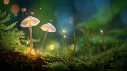 The Enchanting Mushrooms Illuminated by Magical Light in a Forest Setting