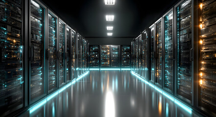 Digital Nexus: An ethereal perspective through a modern server room, highlighting rows of advanced servers and equipment. The scene is bathed in cool blue light.