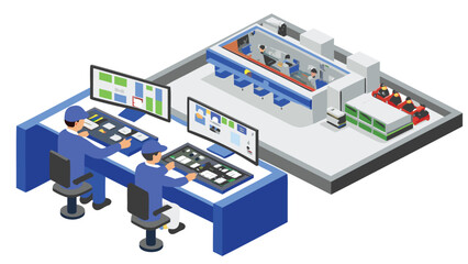 Obraz premium Isometric view of a control room with operators at consoles and a viewing area with people inside