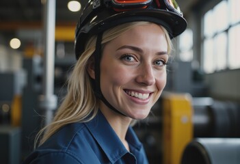 Smiling woman wearing a helmet in a polymer processing facility