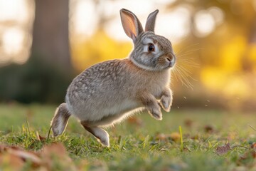 Fototapeta premium Small gray rabbit leaping through wild field