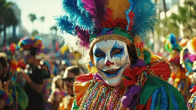 A vibrant costumed figure smiles at a festive parade