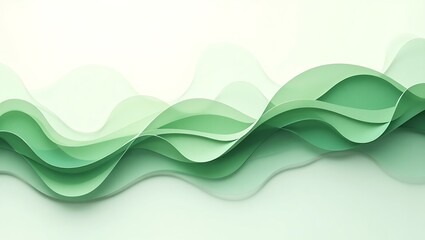 A green abstract layered paper art background with flowing wave like shapes and soft light gradients