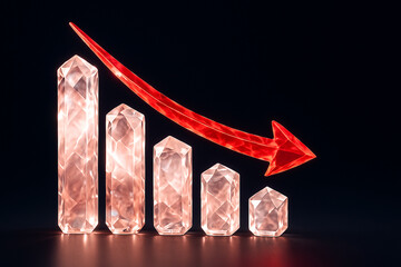 Crystal Bar Chart with Red Downward Arrow Representing Financial Loss Business Decline Negative Trend Economy Crisis Abstract 3D Data Visualization on Dark Background