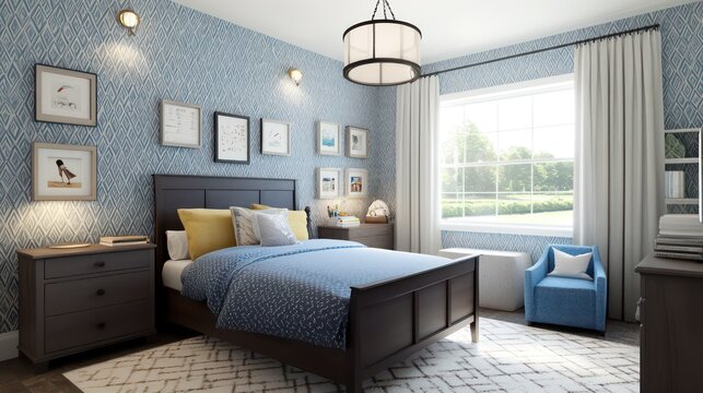 Modern farmhouse kids bedroom with blue-grey wallpaper and dark wood in a cozy atmosphere
