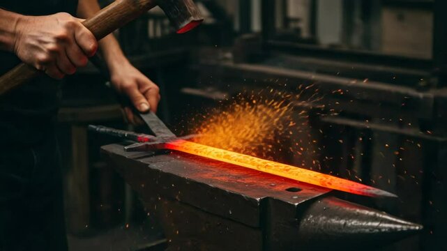 Blacksmith Forging Metal on Anvil - Close-up shot of a blacksmith using a hammer to shape a glowing hot piece of metal on an anvil, sparks flying from the impact.