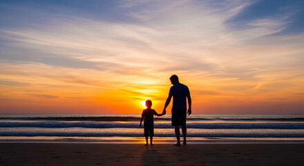 Father and son beach sunset silhouette holding hands family vacation travel