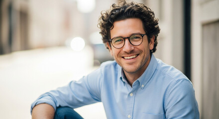 Naklejka premium Portrait of smiling man with curly hair wearing glasses and light blue shirt