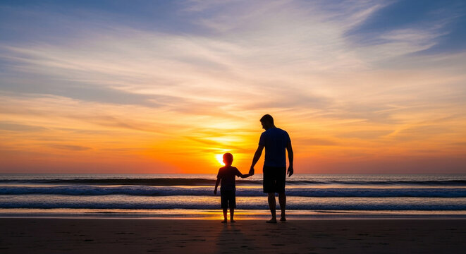 Father and son beach sunset silhouette holding hands family vacation travel