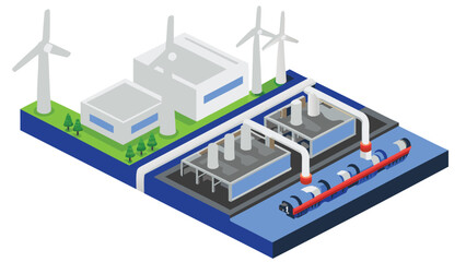 Isometric view of industrial plant with wind turbines and pipeline infrastructure depicted clearly