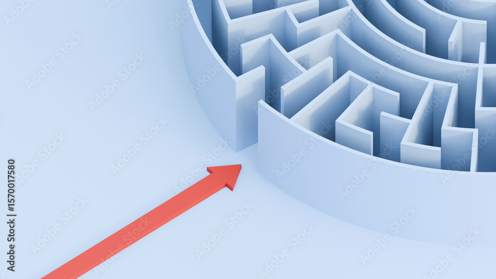 Poster Business problems and solution concept. Circle labyrinth concept. Circle maze structure. Perspective view of an 3d rendered circle maze. Circle shape labyrinth with red arrow.