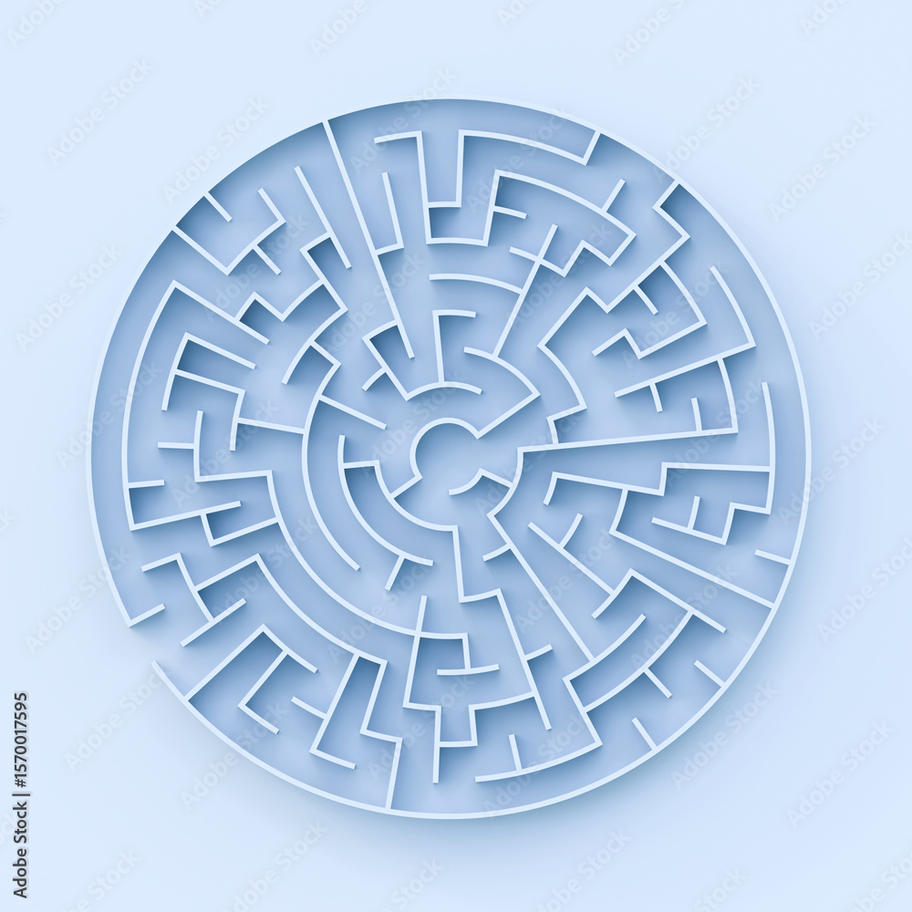 Poster Circle labyrinth concept. Circle maze structure. Top view of an 3d rendered circle maze.