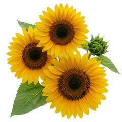 Obraz premium Three bright yellow sunflowers with green leaves and a bud against a white background