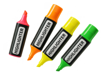 Four colorful highlighters isolated on transparent background for education
