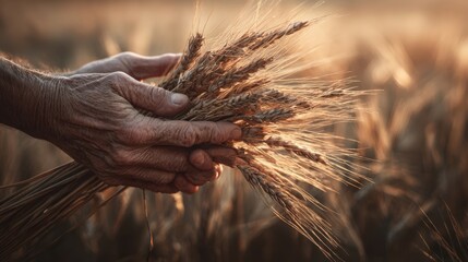 The hands holding golden wheat in a sunlit agricultural field.