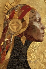 Gold patchwork collage portrait of a Hindu mystical woman
