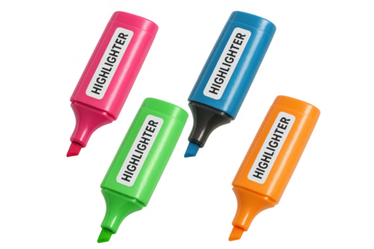 Four vibrant highlighters in various colors isolated on a transparent background
