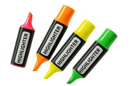Four colorful highlighters isolated on transparent background for education