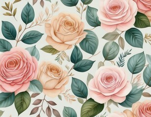 delicate watercolor roses leaves repeating pattern illustration flowers floral design