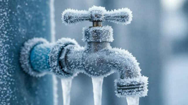 Frozen Outdoor Faucet in Winter - A close-up shot of a frost-covered outdoor faucet, showcasing intricate ice crystals clinging to the metal.