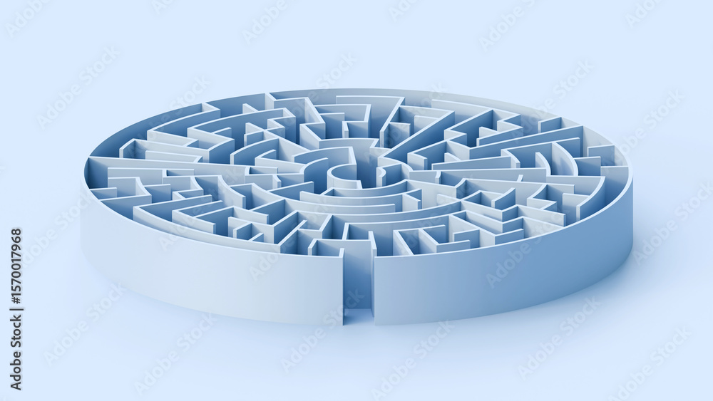 Fototapete business problems and solution concept. circle labyrinth concept. circle maze structure. front view 