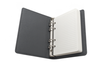 Open grey ring binder notebook with blank lined pages, isolated on transparent